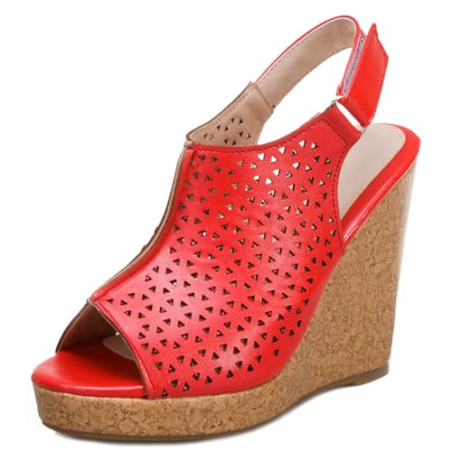 Gicoiz Peep Toe Keilabsatz Damen Plateau Gladiator Sandals Sommer Hochzeit Elegant Höhe Ferse Mode Knöchelriemchen Slingback Romisch Rot Gr 38 EU-39Cn von Gicoiz