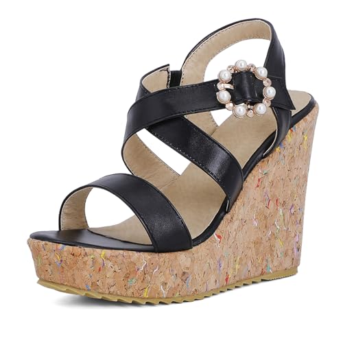 Gicoiz Peep Toe Keilabsatz Damen Plateau Gladiator Sandals Sommer Hochzeit Elegant Höhe Ferse Mode Knöchelriemchen Slingback Romisch Schwarz Gr 37 EU-38Cn von Gicoiz