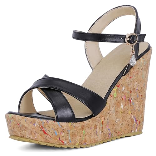 Gicoiz Peep Toe Keilabsatz Damen Plateau Gladiator Sandals Sommer Hochzeit Elegant Höhe Ferse Mode Knöchelriemchen Slingback Romisch Schwarz Gr 38 EU-39Cn von Gicoiz