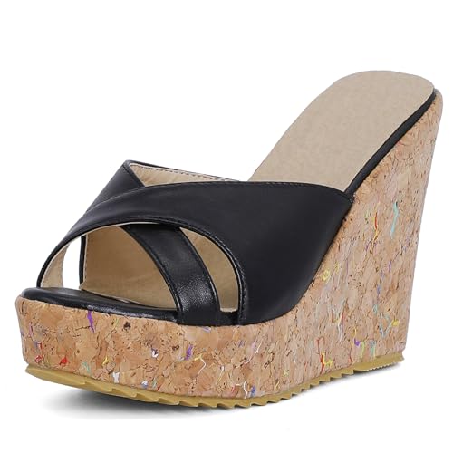 Gicoiz Peep Toe Keilabsatz Damen Plateau Gladiator Sandals Sommer Hochzeit Elegant Höhe Ferse Mode Knöchelriemchen Slingback Romisch Schwarz Gr 40.5 EU-42Cn von Gicoiz