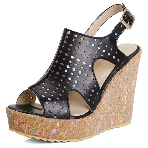 Gicoiz Peep Toe Keilabsatz Damen Plateau Gladiator Sandals Sommer Hochzeit Elegant Höhe Ferse Mode Knöchelriemchen Slingback Romisch Schwarz Gr 40.5 EU-42Cn von Gicoiz