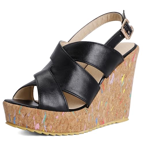 Gicoiz Peep Toe Keilabsatz Damen Plateau Gladiator Sandals Sommer Hochzeit Elegant Höhe Ferse Mode Knöchelriemchen Slingback Romisch Schwarz Gr 40.5 EU-42Cn von Gicoiz