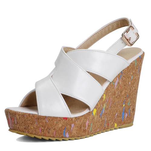 Gicoiz Peep Toe Keilabsatz Damen Plateau Gladiator Sandals Sommer Hochzeit Elegant Höhe Ferse Mode Knöchelriemchen Slingback Romisch Weiß Gr 38 EU-39Cn von Gicoiz