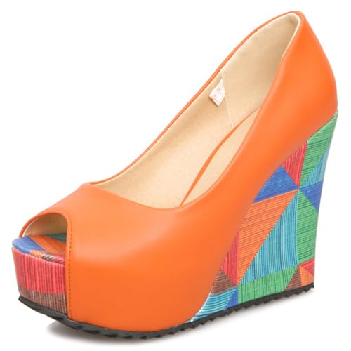 Gicoiz Peep Toe Keilabsatz Damen Slingback Plateau Schuhe Höhe Ferse Sommer Hochzeit Elegant Ohne Verschluss Party Pumps Orange Gr 40.5 EU-42Cn von Gicoiz