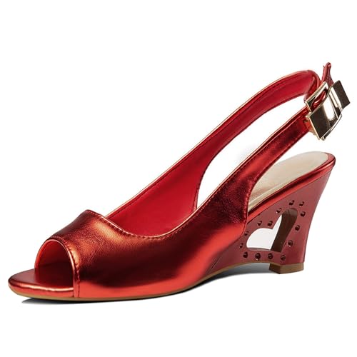 Gicoiz Peep Toe Keilabsatz Slingback Damen Transparent Sandals Sommer Hochzeit Höhe Ferse Ohne Verschluss Elegant Abend Sandalen Rot Gr 31 EU von Gicoiz