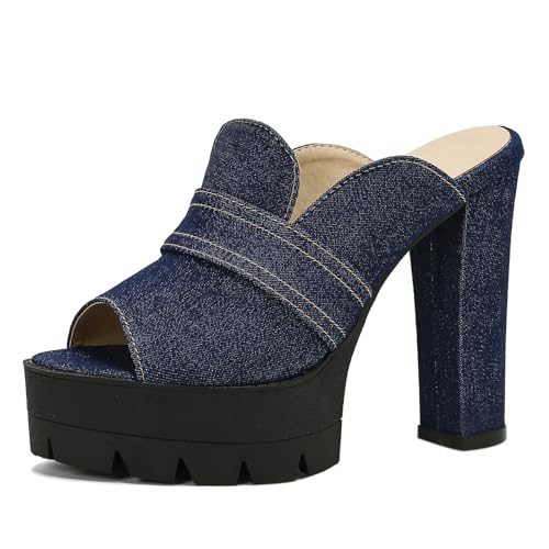 Gicoiz Peep Toe Mule Pantoffeln Damen Chunky Höhe Ferse Schuhe Sandalen Plateau Mode Denim Hausschuhe Pantoffeln Sommer Party Lack Abendschuhe Dark-Blau Gr 41 EU-43Cn Gicoiz Peep Toe Mule Pantoffeln Damen Chunky Höhe Ferse Schuhe Sandalen Plateau Mode Denim Hausschuhe Pantoffeln Sommer Party Lack Abendschuhe Dark-Blau Gr 41 EU-43Cn von Gicoiz