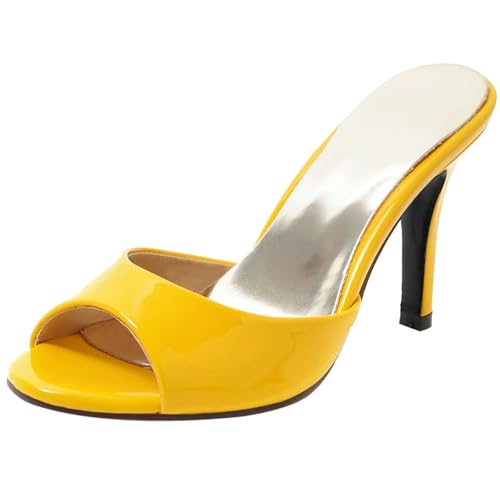 Gicoiz Peep Toe Pantoffeln Damen Lack Mule Hochzeit Stiletto High Sandalen Elegant Sommer Hausschuhe Pantoffeln Sandals Mode Party Flip Flops Gelb Gr 40.5 EU-42Cn von Gicoiz