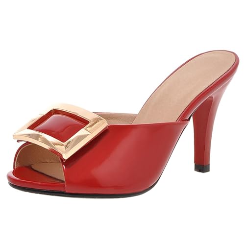 Gicoiz Peep Toe Pantoffeln Damen Lack Mule Hochzeit Stiletto High Sandalen Elegant Sommer Hausschuhe Pantoffeln Sandals Mode Party Flip Flops Rot Gr 35 EU von Gicoiz