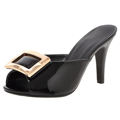 Gicoiz Peep Toe Pantoffeln Damen Lack Mule Hochzeit Stiletto High Sandalen Elegant Sommer Hausschuhe Pantoffeln Sandals Mode Party Flip Flops Schwarz Gr 36 EU von Gicoiz