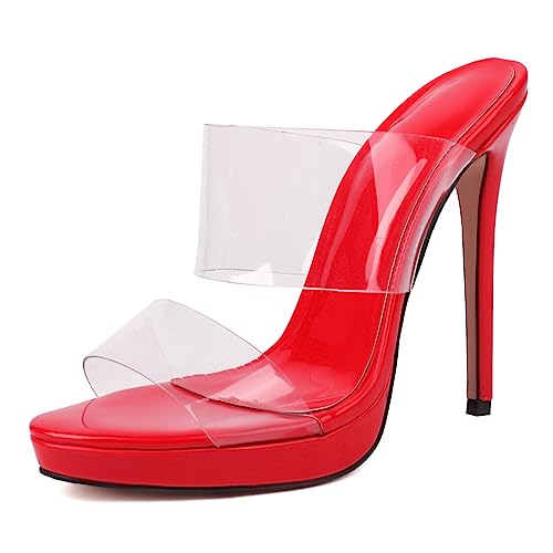 Gicoiz Peep Toe Pantoffeln Stiletto Pump Pantoletten Für Damen Sandalen Glitzer Elegant Hochzeit Hausschuhe Pantoffeln Mode Plateau Transparent Party Schuhe Rot Gr 40 EU-41Cn von Gicoiz