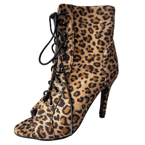 Gicoiz Peep Toe Sommer Stiletto Mittelhohe Stiefel Damen Stiefeletten Hochzeit Glitzer Elegant-Spangepy Mesh Schnüren Biker Stiefeletten Schnalle Braun Gr 36 EU von Gicoiz