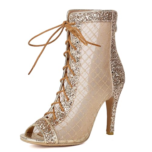 Gicoiz Peep Toe Sommer Stiletto Mittelhohe Stiefel Damen Stiefeletten Hochzeit Glitzer Elegant-Spangepy Mesh Schnüren Biker Stiefeletten Schnalle Gold Gr 40.5 EU-42Cn von Gicoiz