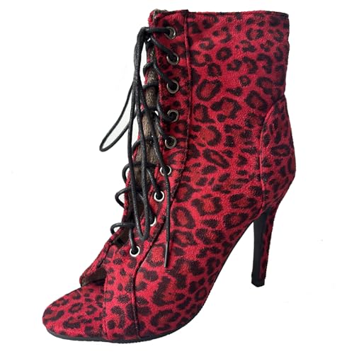 Gicoiz Peep Toe Sommer Stiletto Mittelhohe Stiefel Damen Stiefeletten Hochzeit Glitzer Elegant-Spangepy Mesh Schnüren Biker Stiefeletten Schnalle Rot Gr 34 EU von Gicoiz