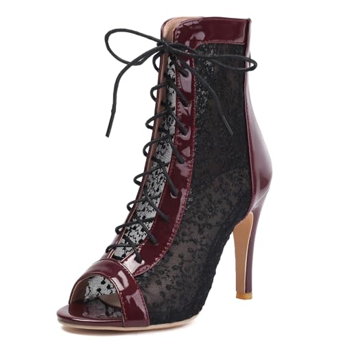 Gicoiz Peep Toe Sommer Stiletto Mittelhohe Stiefel Damen Stiefeletten Hochzeit Glitzer Elegant-Spangepy Mesh Schnüren Biker Stiefeletten Schnalle Rotwein Gr 39 EU-40Cn von Gicoiz