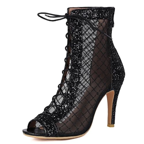 Gicoiz Peep Toe Sommer Stiletto Mittelhohe Stiefel Damen Stiefeletten Hochzeit Glitzer Elegant-Spangepy Mesh Schnüren Biker Stiefeletten Schnalle Schwarz Gr 39 EU-40Cn von Gicoiz