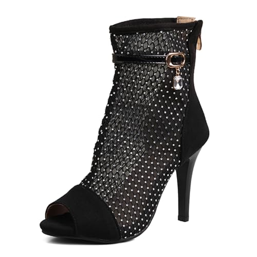 Gicoiz Peep Toe Sommer Stiletto Mittelhohe Stiefel Damen Stiefeletten Hochzeit Glitzer Elegant-Spangepy Mesh Schnüren Biker Stiefeletten Schnalle Schwarz Gr 42 EU-44Cn von Gicoiz