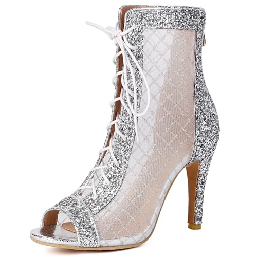 Gicoiz Peep Toe Sommer Stiletto Mittelhohe Stiefel Damen Stiefeletten Hochzeit Glitzer Elegant-Spangepy Mesh Schnüren Biker Stiefeletten Schnalle Silber Gr 37 EU-38Cn von Gicoiz