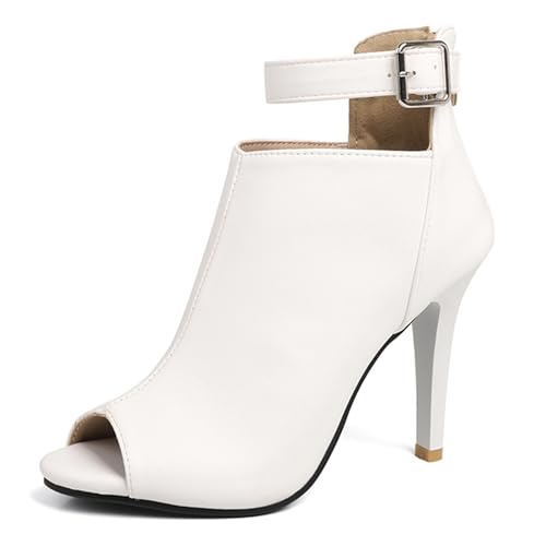 Gicoiz Peep Toe Sommer Stiletto Mittelhohe Stiefel Damen Stiefeletten Hochzeit Glitzer Elegant-Spangepy Mesh Schnüren Biker Stiefeletten Schnalle Weiß Gr 40.5 EU-42Cn von Gicoiz
