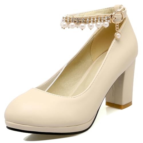 Gicoiz Plateau Block Schuhe Damen Hochzeit Knöchelriemchen Pumps Komfort Runde Zehen Schnalle Sommer Chunky Schuhe Shiny Beige Gr 48 EU-50Cn von Gicoiz