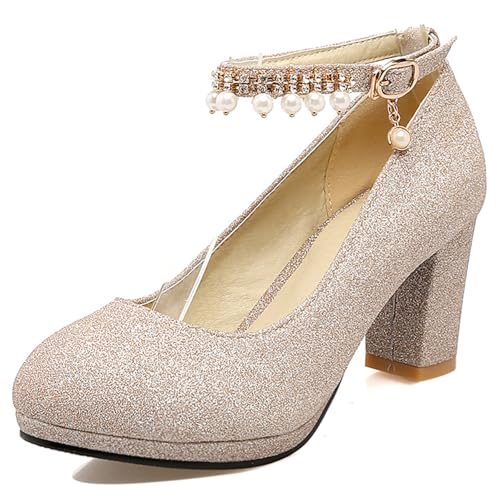 Gicoiz Plateau Block Schuhe Damen Hochzeit Knöchelriemchen Pumps Komfort Runde Zehen Schnalle Sommer Chunky Schuhe Shiny Gold Gr 44 EU-46Cn von Gicoiz
