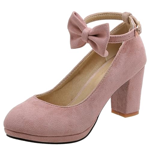 Gicoiz Plateau Block Schuhe Damen Hochzeit Knöchelriemchen Pumps Komfort Runde Zehen Schnalle Sommer Chunky Schuhe Shiny Pink Gr 46 EU-48Cn von Gicoiz