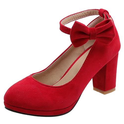 Gicoiz Plateau Block Schuhe Damen Hochzeit Knöchelriemchen Pumps Komfort Runde Zehen Schnalle Sommer Chunky Schuhe Shiny Rot Gr 36.5 EU-37Cn von Gicoiz