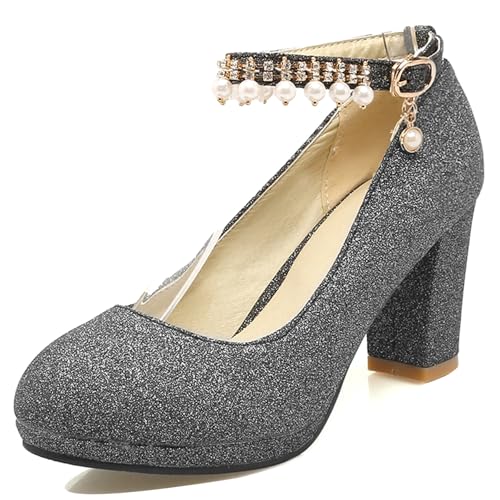 Gicoiz Plateau Block Schuhe Damen Hochzeit Knöchelriemchen Pumps Komfort Runde Zehen Schnalle Sommer Chunky Schuhe Shiny Schwarz Gr 41 EU-43Cn von Gicoiz