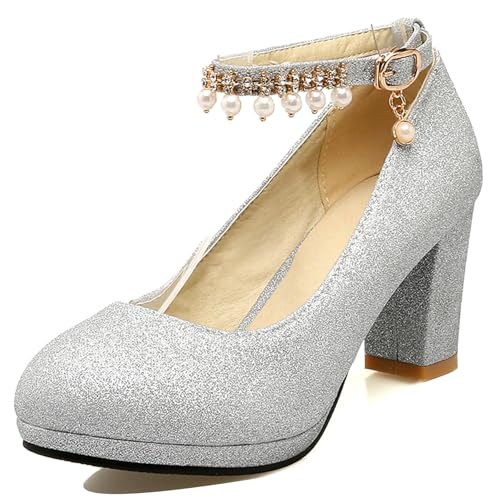 Gicoiz Plateau Block Schuhe Damen Hochzeit Knöchelriemchen Pumps Komfort Runde Zehen Schnalle Sommer Chunky Schuhe Shiny Silber Gr 45 EU-47Cn von Gicoiz