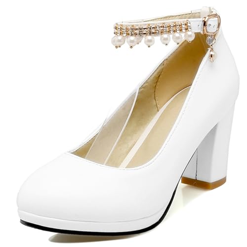 Gicoiz Plateau Block Schuhe Damen Hochzeit Knöchelriemchen Pumps Komfort Runde Zehen Schnalle Sommer Chunky Schuhe Shiny Weiß Gr 36 EU von Gicoiz