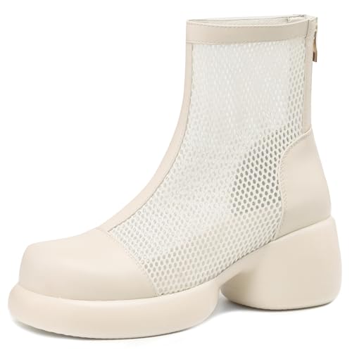 Gicoiz Plateau Chelsea Damen Sommer Stiefeletten Damen Schuluniform Mode Runde Zehen Chunky Mesh Stiefeletten Ösen Beige Gr 34 EU von Gicoiz