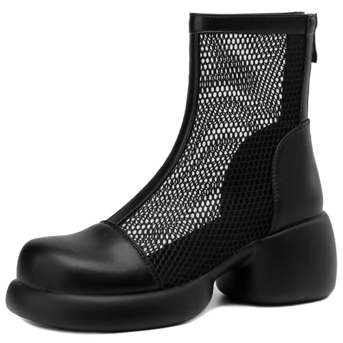 Gicoiz Plateau Chelsea Damen Sommer Stiefeletten Damen Schuluniform Mode Runde Zehen Chunky Mesh Stiefeletten Ösen Schwarz Gr 40 EU-41Cn von Gicoiz
