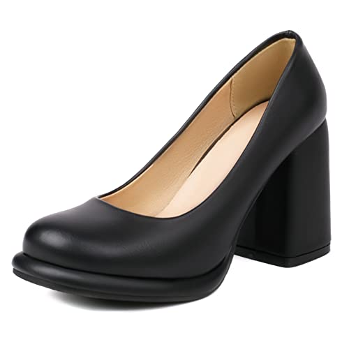 Gicoiz Plateau Chunky Heels Damen Runde Zehen Pump Ohne Verschluss Komfort Hochzeit Formal Pump Bride Höhe Ferse Geschlossen Schwarz Gr 34 EU von Gicoiz