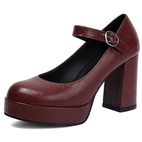 Gicoiz Plateau Chunky Schuhe Damen Mary Jane Runde Zehen Mode Hohen Blockabsatz Plateau Pumps Brogue Arbeit Schuhe Rotwein Gr 37 EU-38Cn von Gicoiz