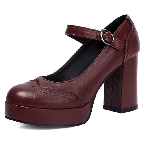 Gicoiz Plateau Chunky Schuhe Damen Mary Jane Runde Zehen Mode Hohen Blockabsatz Plateau Pumps Brogue Arbeit Schuhe Rotwein Gr 39 EU-40Cn von Gicoiz