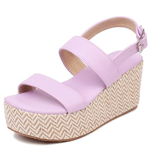Gicoiz Plateau Espadrille Damen Knöchelriemchen Keilabsatz Sandalen Geringes Gewicht Sommer Offene Zeh Strand Sandals Keilabsatz Violett Gr 34 EU von Gicoiz