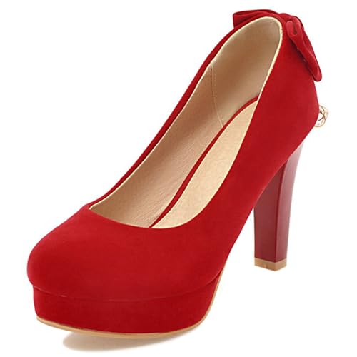 Gicoiz Plateau High Schuhe Ohne Verschluss Damen Hochzeit Schuhe Runde Zehen Blockabsatz Pumps Wildleder Elegant Bogen Lack Rot Gr 42 EU-44Cn von Gicoiz