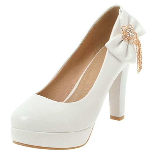 Gicoiz Plateau High Schuhe Ohne Verschluss Damen Hochzeit Schuhe Runde Zehen Blockabsatz Pumps Wildleder Elegant Bogen Lack Weiß Gr 45 EU-47Cn von Gicoiz
