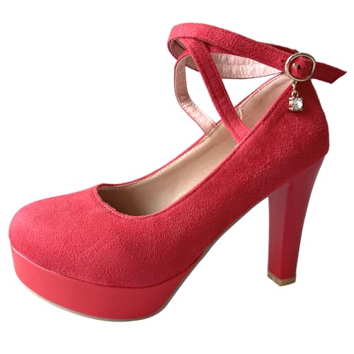 Gicoiz Plateau Höhe Ferse Damen Knöchelriemchen Pumps Abend Mode Runde Zehen Sommer Blockabsatz Elegant Party Schuhe Rot Gr 38 EU-39Cn von Gicoiz