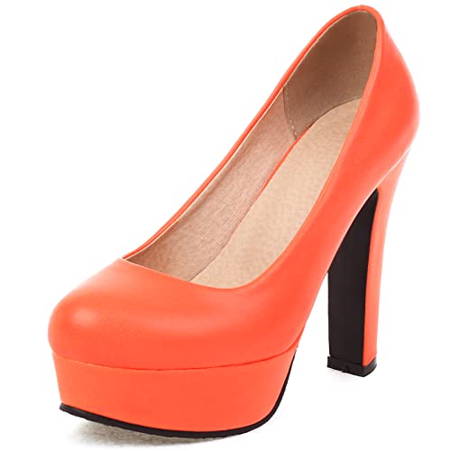 Gicoiz Plateau Höhe Ferse Schuhe Damen Party Pump Blockabsatz Runde Zehen Ohne Verschluss Bride Hochzeit Elegant Pump Formal Orange Gr 40 EU-41Cn von Gicoiz