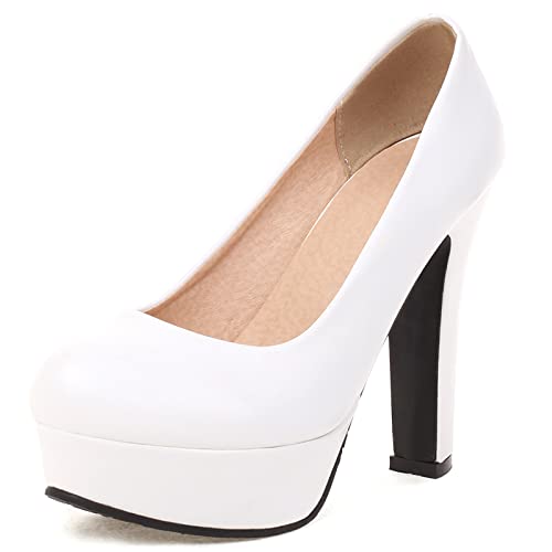 Gicoiz Plateau Höhe Ferse Schuhe Damen Party Pump Blockabsatz Runde Zehen Ohne Verschluss Bride Hochzeit Elegant Pump Formal Weiß Gr 40.5 EU-42Cn von Gicoiz