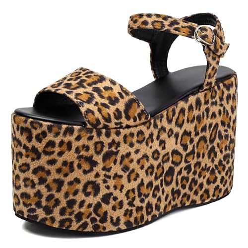 Gicoiz Plateau Hohen Keilabsatz Damen Mode Sandals Sommer Komfort Knöchelriemchen Wildleder Offene Zeh Party Loepard Gr 43 EU-45Cn von Gicoiz