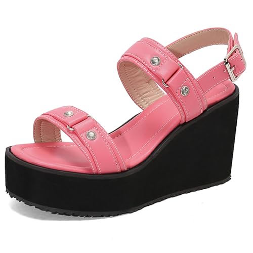 Gicoiz Plateau Keilabsatz Damen Offene Zeh Leisure Sandals Schnüren Sommer Mode Knöchelriemchen Komfort Schuluniform Schnalle Sandalen Pink Gr 32 EU von Gicoiz