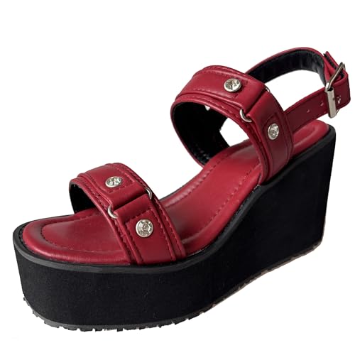 Gicoiz Plateau Keilabsatz Damen Offene Zeh Leisure Sandals Schnüren Sommer Mode Knöchelriemchen Komfort Schuluniform Schnalle Sandalen Rotwein Gr 42 EU-44Cn von Gicoiz