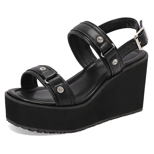 Gicoiz Plateau Keilabsatz Damen Offene Zeh Leisure Sandals Schnüren Sommer Mode Knöchelriemchen Komfort Schuluniform Schnalle Sandalen Schwarz Gr 45 EU-47Cn von Gicoiz