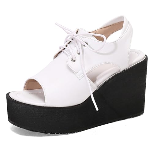 Gicoiz Plateau Keilabsatz Damen Offene Zeh Leisure Sandals Schnüren Sommer Mode Knöchelriemchen Komfort Schuluniform Schnalle Sandalen Weiß Gr 40 EU-41Cn von Gicoiz