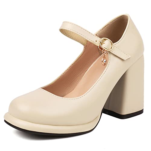 Gicoiz Plateau Mary Jane Damen Chunky Heels Pump Runde Zehen Komfort Hohen Blockabsatz Glitzer Hochzeit Arbeit Pump Beige Gr 35 EU von Gicoiz