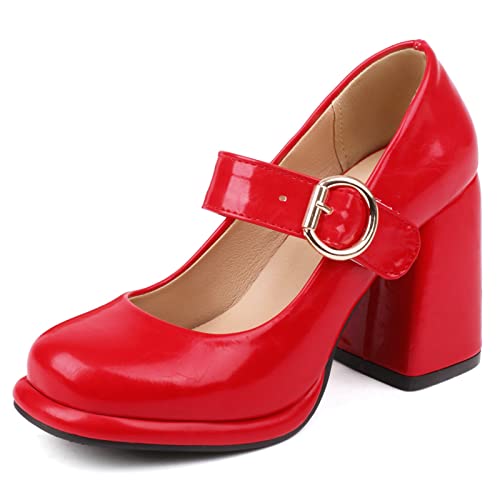 Gicoiz Plateau Mary Jane Damen Chunky Heels Pump Runde Zehen Komfort Hohen Blockabsatz Glitzer Hochzeit Arbeit Pump Rot Gr 35 EU von Gicoiz