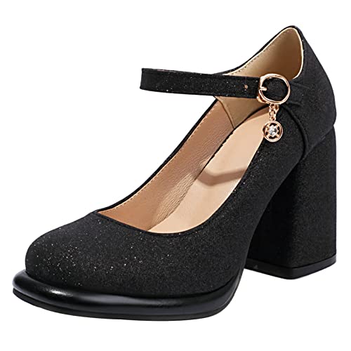 Gicoiz Plateau Mary Jane Damen Chunky Heels Pump Runde Zehen Komfort Hohen Blockabsatz Glitzer Hochzeit Arbeit Pump Schwarz Gr 35 EU von Gicoiz