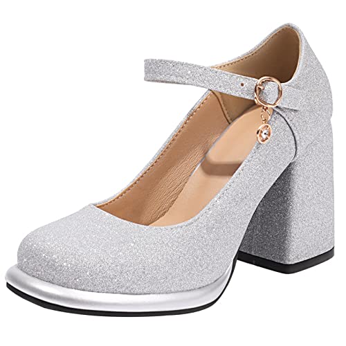 Gicoiz Plateau Mary Jane Damen Chunky Heels Pump Runde Zehen Komfort Hohen Blockabsatz Glitzer Hochzeit Arbeit Pump Silber Gr 40 EU-41Cn von Gicoiz