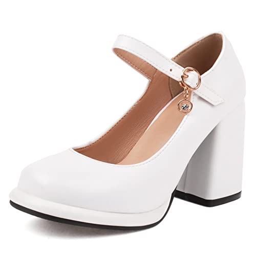 Gicoiz Plateau Mary Jane Damen Chunky Heels Pump Runde Zehen Komfort Hohen Blockabsatz Glitzer Hochzeit Arbeit Pump Weiß Gr 41 EU-43Cn von Gicoiz